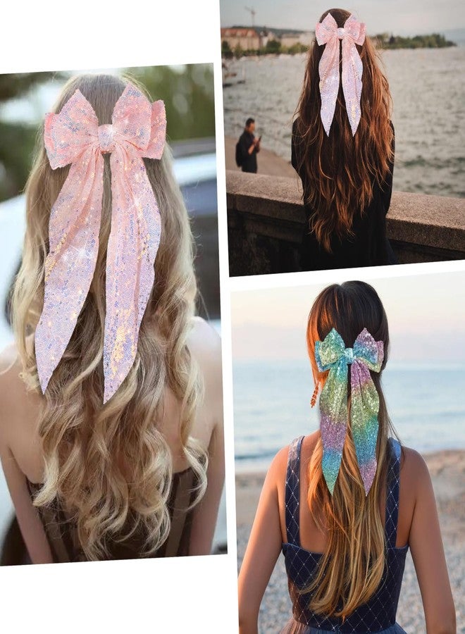 Ninejuize 2Pcs Glitter Hair Big Bows for Women Sequin Hair Bows Clips Sparkly Bowknot Style Barrettes Long Tail Hair Accessories - Image 4